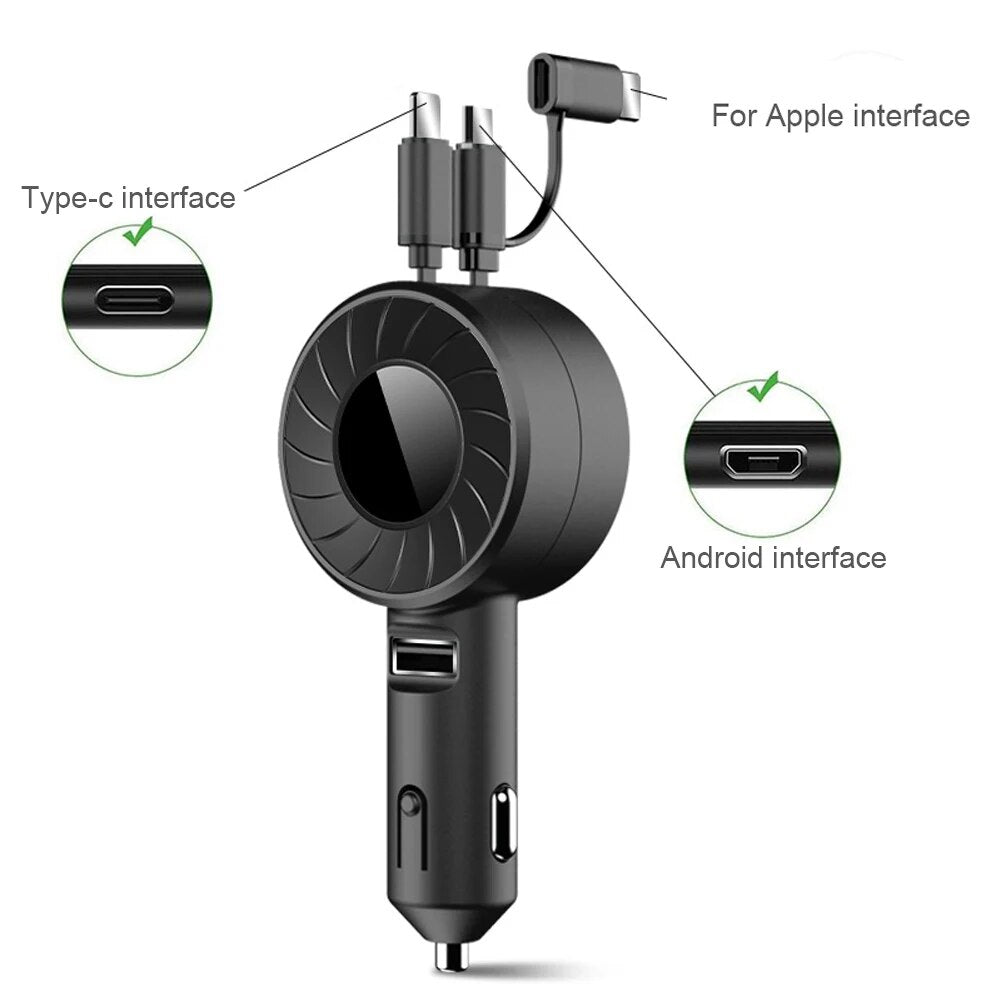 Retractable 3 in 1 Car Charger USB Type C, Apple & Micro USB