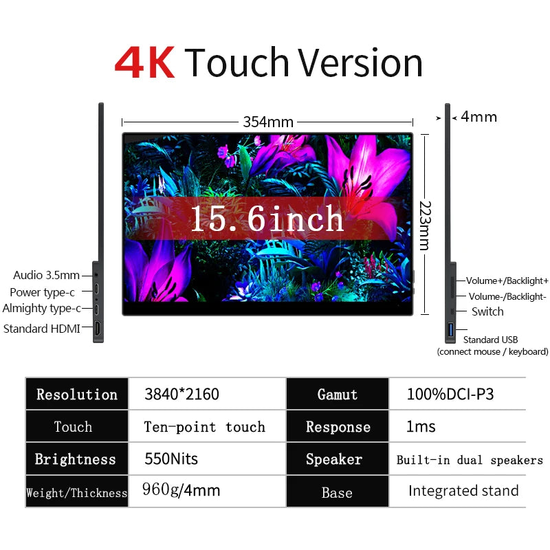 OLED 4K Portable Touchscreen Monitor 60Hz 13.3 Inch