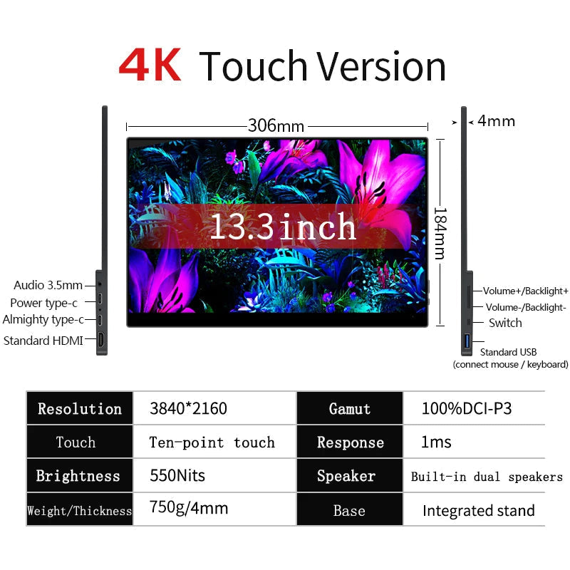OLED 4K Portable Touchscreen Monitor 60Hz 13.3 Inch