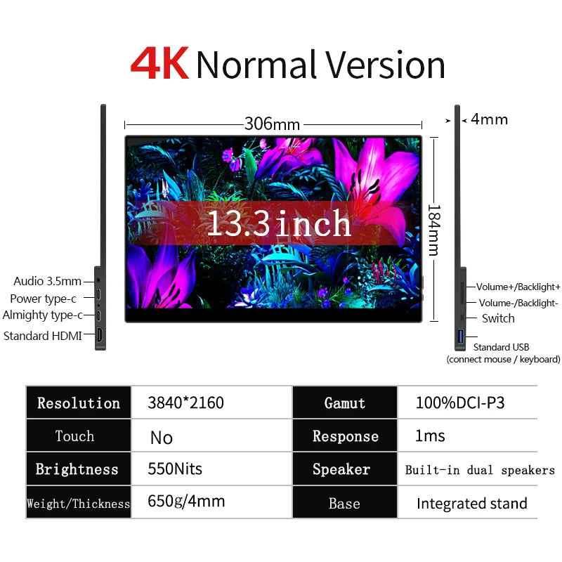 OLED 4K Portable Touchscreen Monitor 60Hz 13.3 Inch