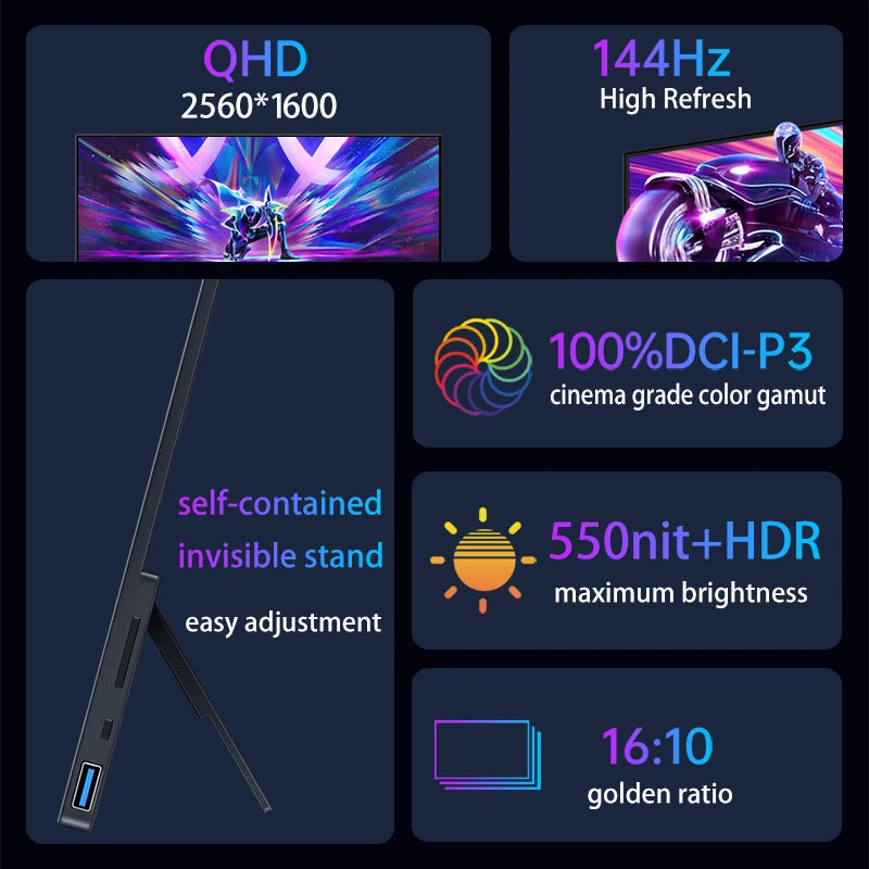 2560x1600p Portable Touch Screen Gaming Monitor 144hz 16 Inch