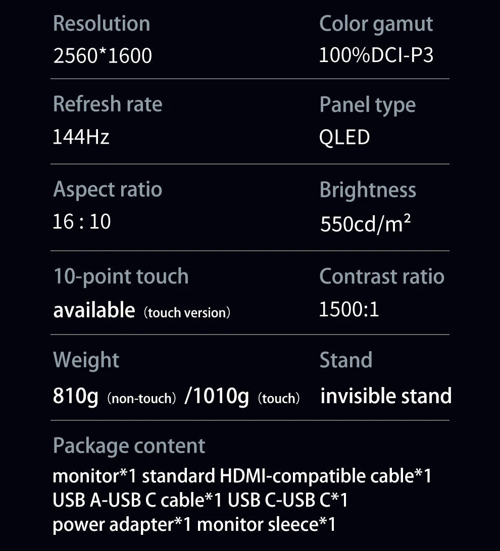 2560x1600p Portable Touch Screen Gaming Monitor 144hz 16 Inch