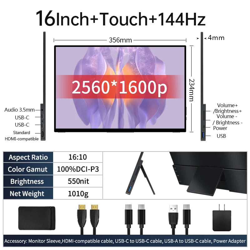 2560x1600p Portable Touch Screen Gaming Monitor 144hz 16 Inch
