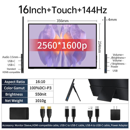 2560x1600p Portable Touch Screen Gaming Monitor 144hz 16 Inch