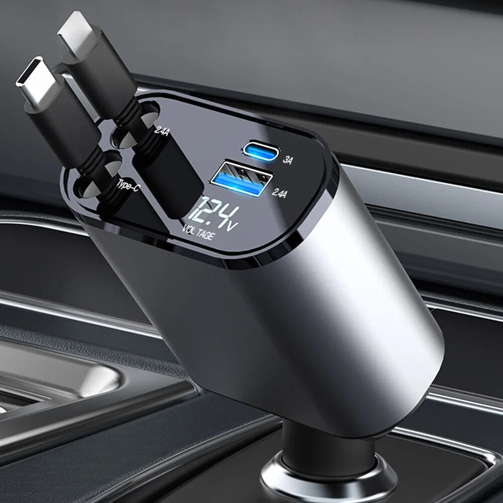 Retractable Car Fast Charger for Apple & USB Type C