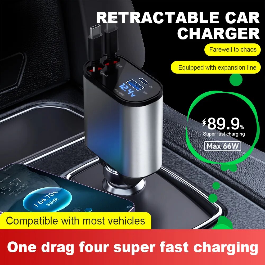 Retractable Car Fast Charger for Apple & USB Type C