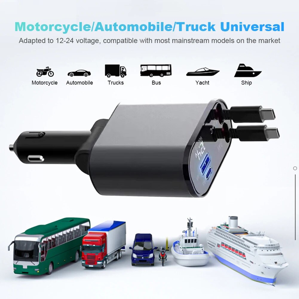 Retractable Car Fast Charger for Apple & USB Type C