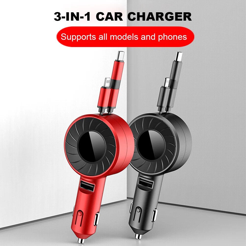 Retractable 3 in 1 Car Charger USB Type C, Apple & Micro USB