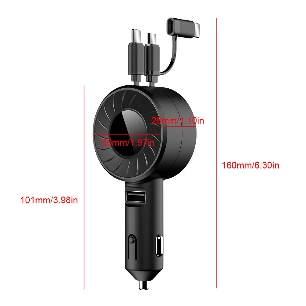 Retractable 3 in 1 Car Charger USB Type C, Apple & Micro USB