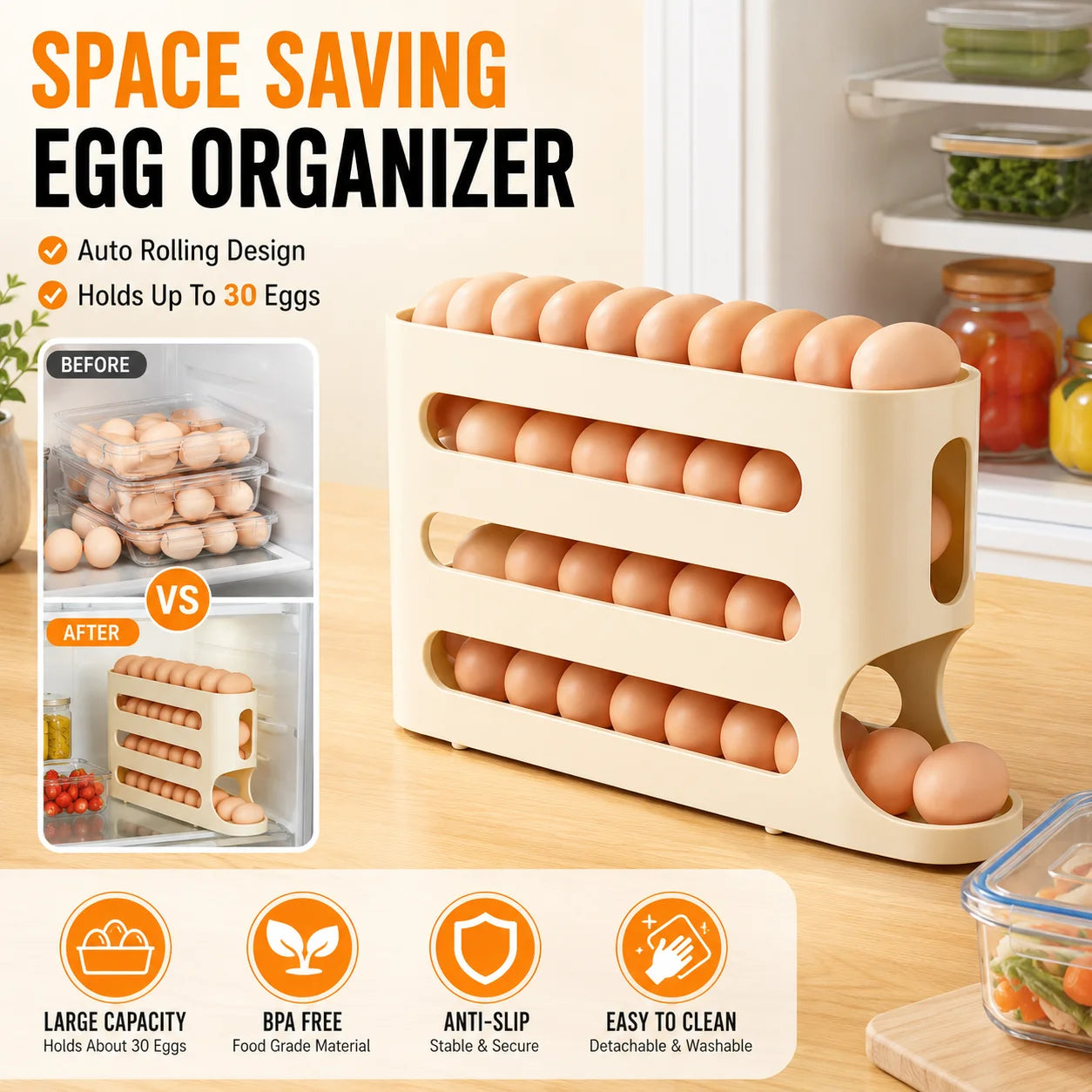 Roll-Down Refrigerator Egg Organizer